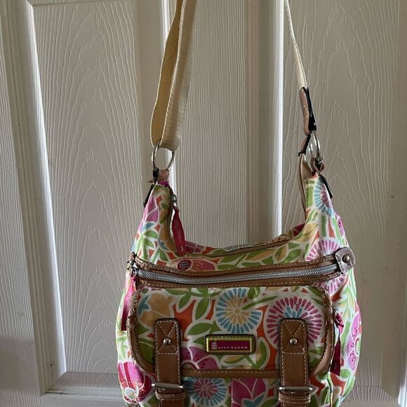 Lily Bloom multi color pastel fabric crossbody bag with tan faux leather trims - Picture 5 of 15